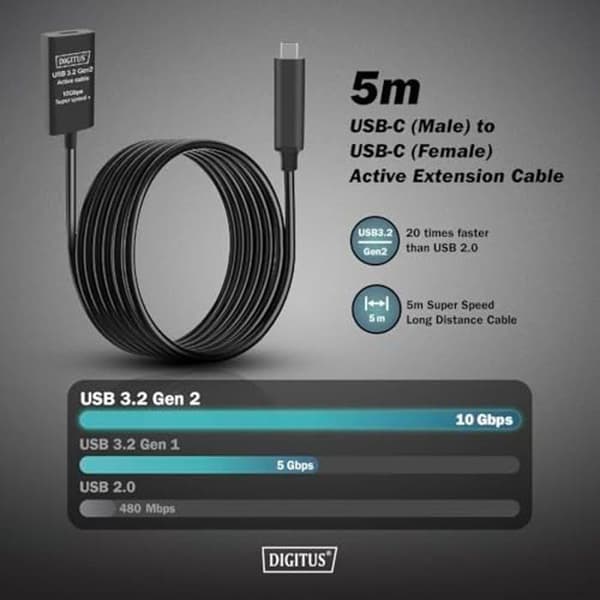 Aktiv USB förlängningskabel - DIGITUS - USB-C hon till USB-C hane - 5 m - 10 Gbit/s - Plug & Play