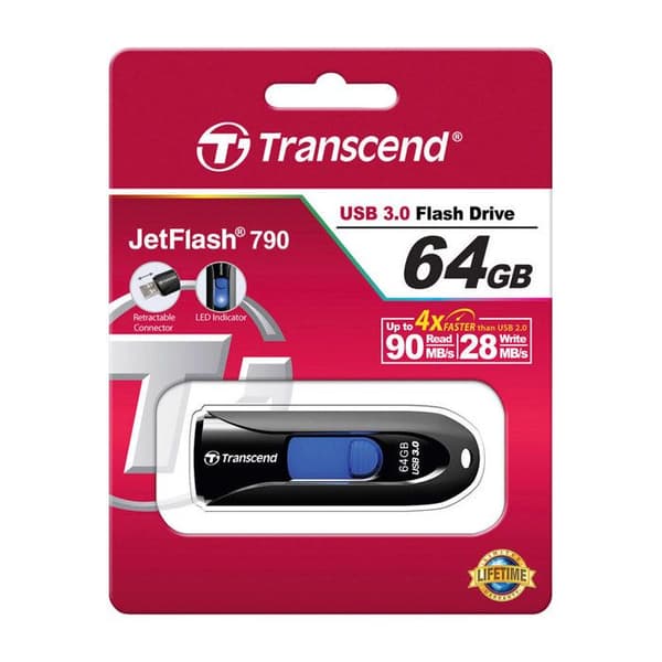 TRANSCEND JETFLASH 790 USB-nyckel - 64 GB - USB 3.0 - Svart Svart, Blå
