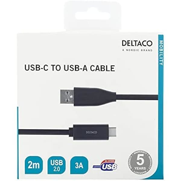 USB-kabel - DELTACO - USBC-1006M - 2 m - USB 2.0 - USB A - Svart