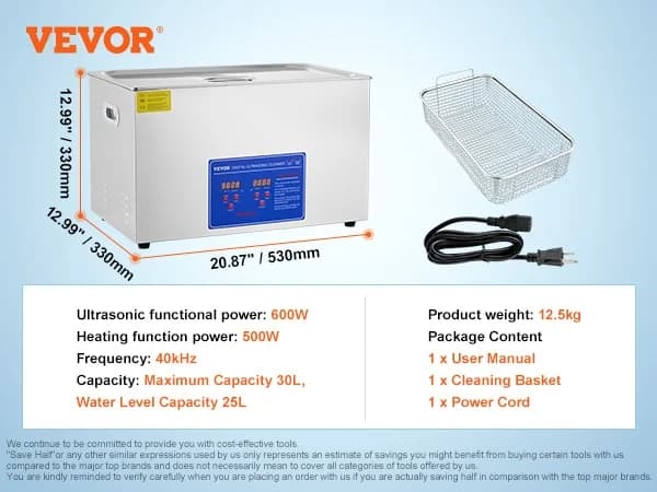 Ultralydsrenser Maskine, 30L Kapacitet, 600W Effekt, Digital Varmelegeme,30 liter