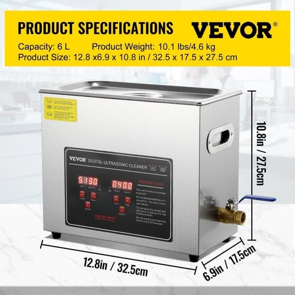 VEVOR Ultrasonic Rengøringsmiddel, 30L Kapacitet, Høj Ultralydseffekt, Digital Kontrol,6L
