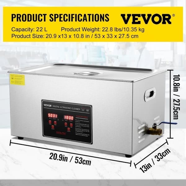 VEVOR Ultrasonic Rengøringsmiddel, 30L Kapacitet, Høj Ultralydseffekt, Digital Kontrol,6L