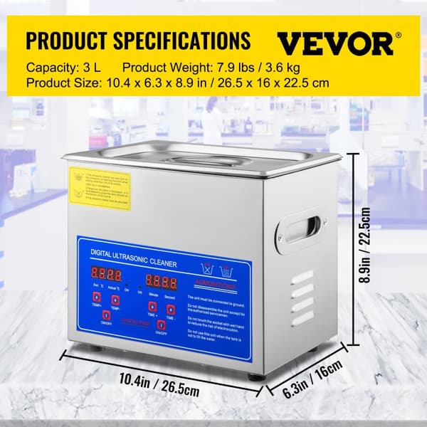 VEVOR Ultrasonic Rengøringsmiddel, Flere Kapacitetsmuligheder, Digital Kontrol,3L