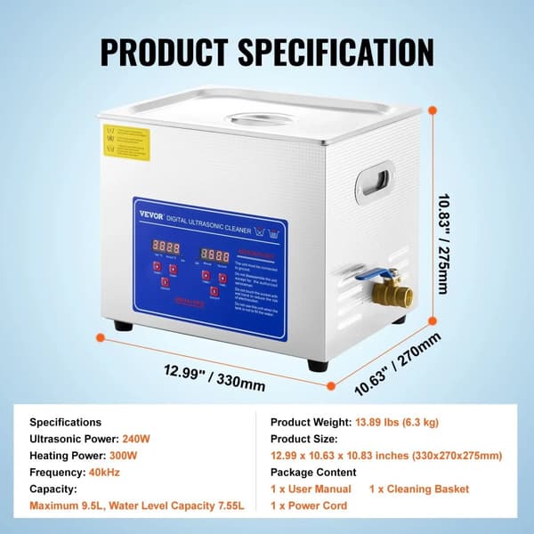VEVOR Ultrasonic Rengøringsmiddel, Høj Ultrasonisk Effekt, Store Kapacitetsmuligheder,10L