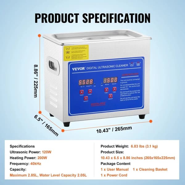 VEVOR Ultrasonic Rengøringsmiddel, Høj Ultrasonisk Effekt, Store Kapacitetsmuligheder,3L