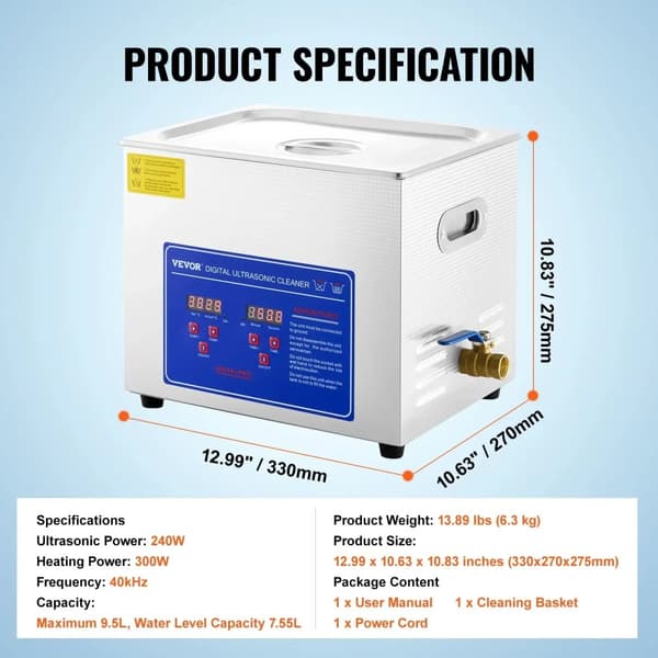 Vevor Ultrasonic Rengøringsmiddel, 240W Effekt, 40kHz Frekvens,10L