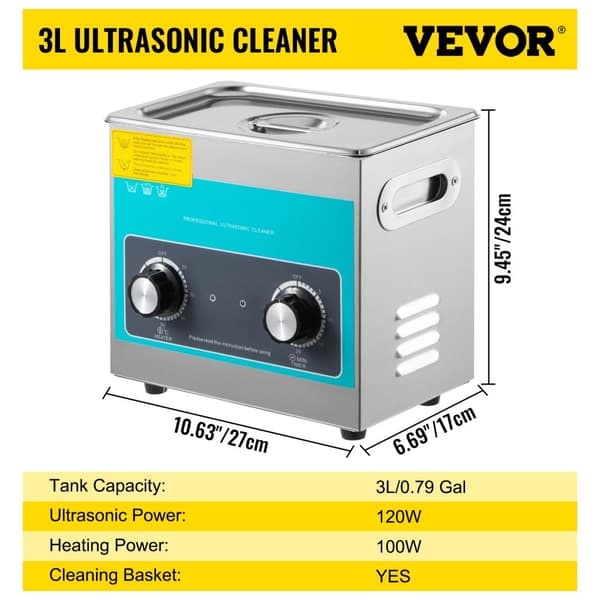 Ultralydsrenser, Justerbar Opvarmning, Tank af 304 Rustfrit Stål,3 Liter