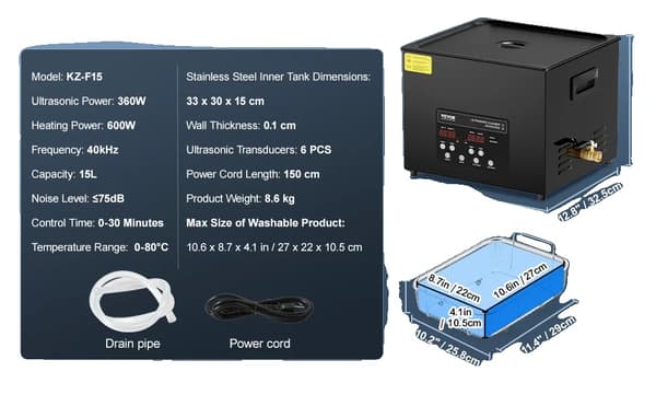 Ultralydsrenser, Dobbeltkraft Degasseringsmode, Opvarmningsfunktion,15L
