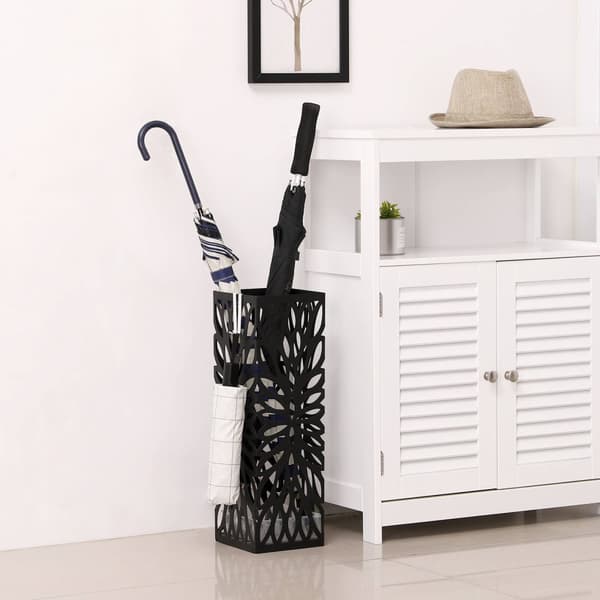 Paraplyholder - metal - firkant - vandopsamlingsboks - med kroge - 15,5 x 15,5 x 49 cm - sort