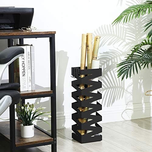 Songmics Metal Paraply Stand, Square Paraply Holder Rack, med kroge og drypbakke, 15,5 x 15,5 x 49 cm, sort