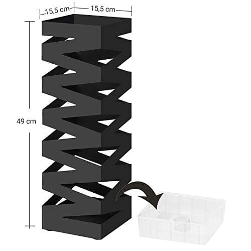 Songmics Metal Paraply Stand, Square Paraply Holder Rack, med kroge og drypbakke, 15,5 x 15,5 x 49 cm, sort