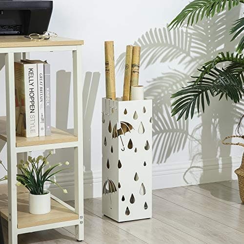 Songmics Metal Paraply Stand, firkantet paraplyholder med drypbakke og 4 kroge, 15,5 x 15,5 x 49 cm, hvid
