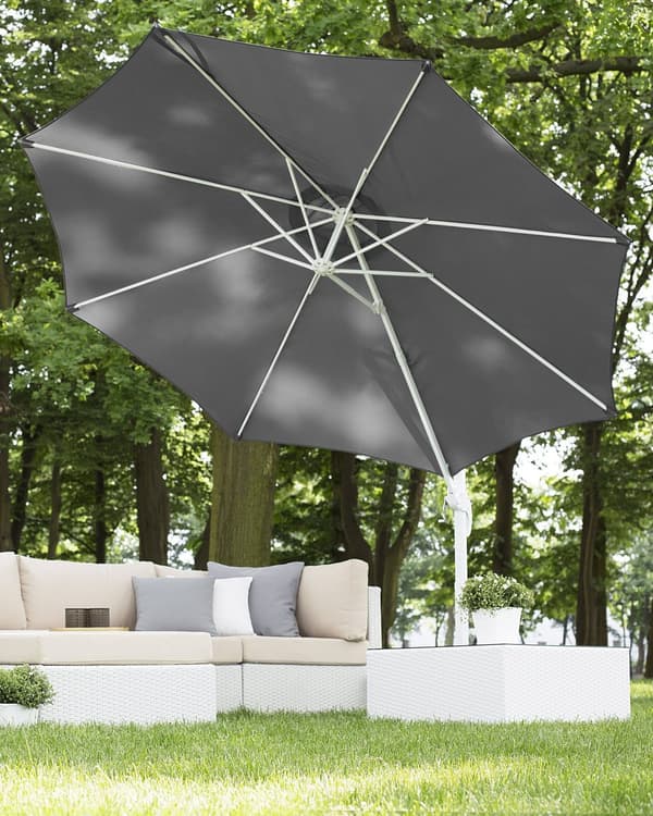 Parasol mørkegrå polyester i hvid aluminium ø 240 x 300H cm ottekantet med Håndsving Krank 360 graders rotation og UV-bestandig moderne