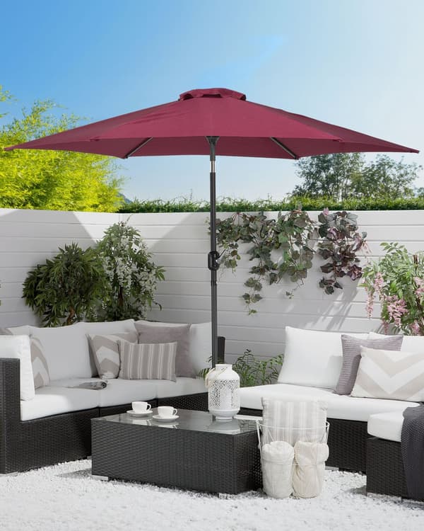 Parasol mørkerød polyester i mørkegrå aluminium ø 230 x 270H cm sekskantet med Håndsving Krank 360 graders rotation og UV-bestandig moderne