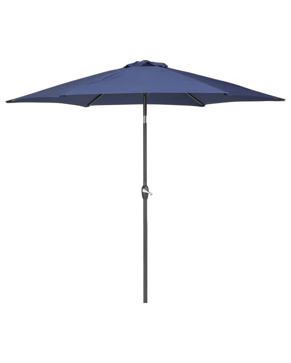 Parasol mørkeblå polyester i mørkegrå aluminium ø 230 x 270H cm sekskantet med Håndsving Krank 360 graders rotation og UV-bestandig moderne
