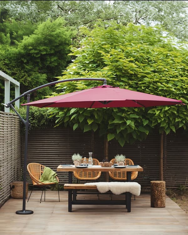 Hængeparasol Rød Sort Stål Polyester ø 240 x 300H cm Haveparasol Tilt Vippefunktion Udendørs Moderne Terrasse Vandtæt Design