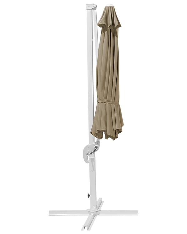 Parasol beige polyester i hvid aluminium ø 240 x 300H cm ottekantet med Håndsving Krank 360 graders rotation og UV-bestandig moderne