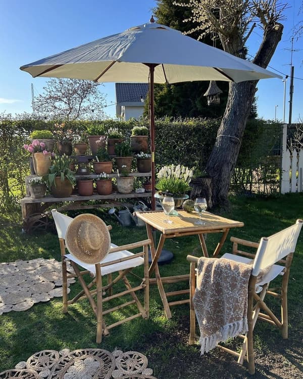 Haveparasol Lys Beige polyester og Birketræ ø 270 x 237H cm Foldbar Udendørs Moderne i 100 procent vandtæt design