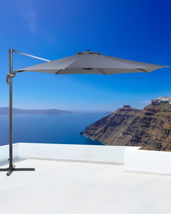 Parasol mørkegrå polyester og sort aluminium ø 240 x 300H cm ottekantet Foldbar Foldemekanisme 100 procent vandtæt design 360 graders rotation
