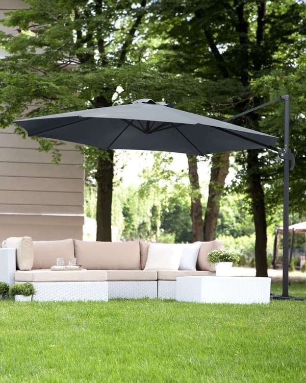 Parasol mørkegrå polyester og sort aluminium ø 240 x 300H cm ottekantet Foldbar Foldemekanisme 100 procent vandtæt design 360 graders rotation