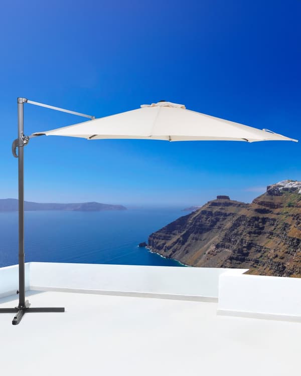 Parasol lys beige polyester sort aluminium ø 240 x 300H cm ottekantet Foldbar Foldemekanisme 100 procent vandtæt design 360 graders rotation