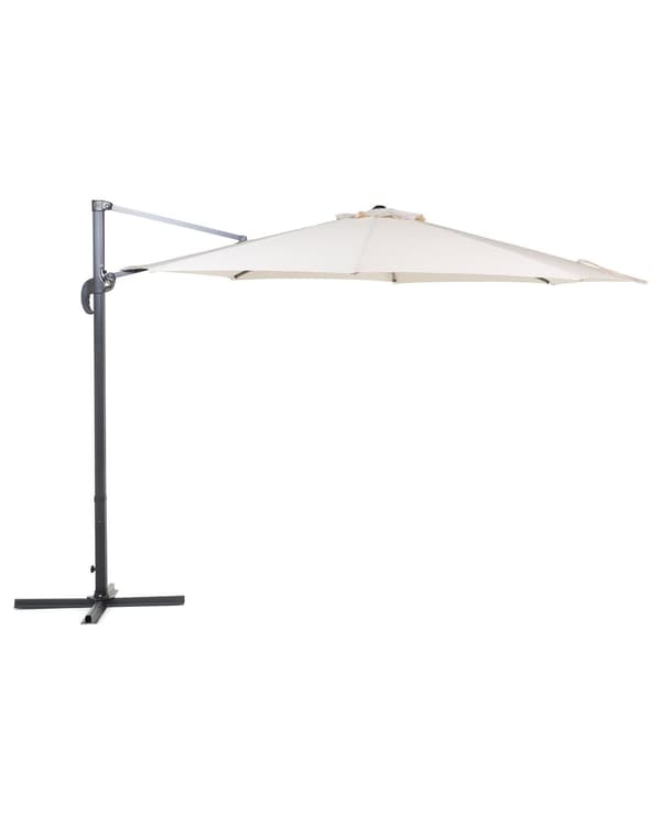 Parasol lys beige polyester sort aluminium ø 240 x 300H cm ottekantet Foldbar Foldemekanisme 100 procent vandtæt design 360 graders rotation