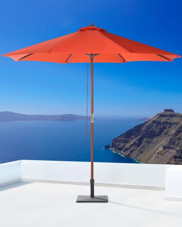 Parasol dyb orange polyester i mørkt birketræ ø 254 x 270H cm UV-bestandig med utrolig nem pleje og 100 procent vandtæt