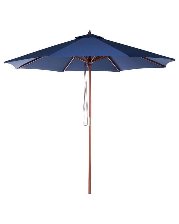 Parasol mørkeblå polyester i mørkt birketræ ø 254 x 270H cm UV-bestandig med utrolig nem pleje og 100 procent vandtæt