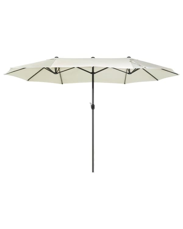 Parasol beige polyester i aluminium ø 247 x 270H cm ovalformet med Håndsving og UV-bestandighed moderne terrasse og havemøbel
