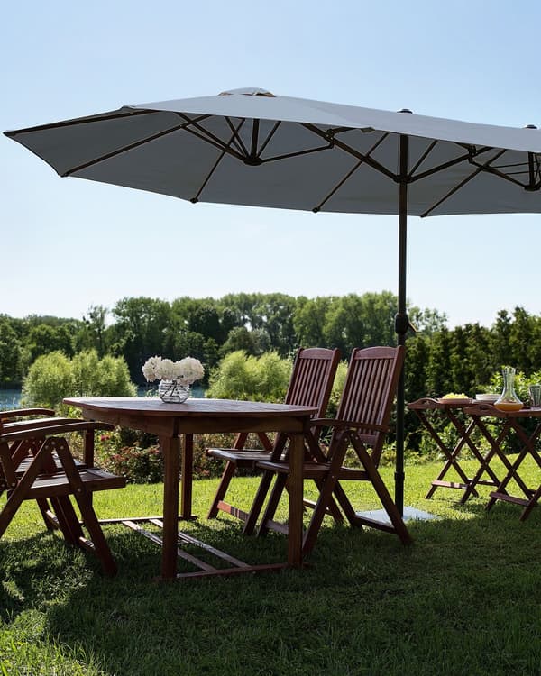 Parasol mørkegrå polyester i aluminium ø 247 x 270H cm ovalformet med Håndsving og UV-bestandighed moderne terrasse og havemøbel