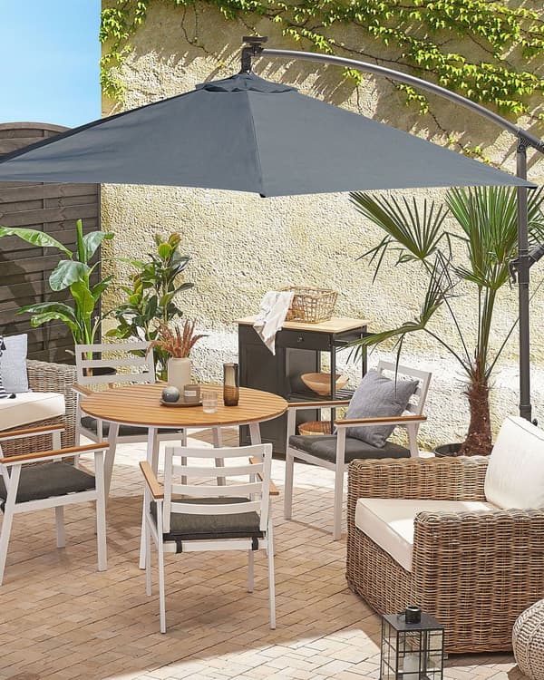Hængeparasol Grafitgrå Polyester og Stål 270 x 316 cm Håndsving Krank med LED Solcelle Lys Udendørs Paraply Vandtæt Design Terrasse Have Dekor