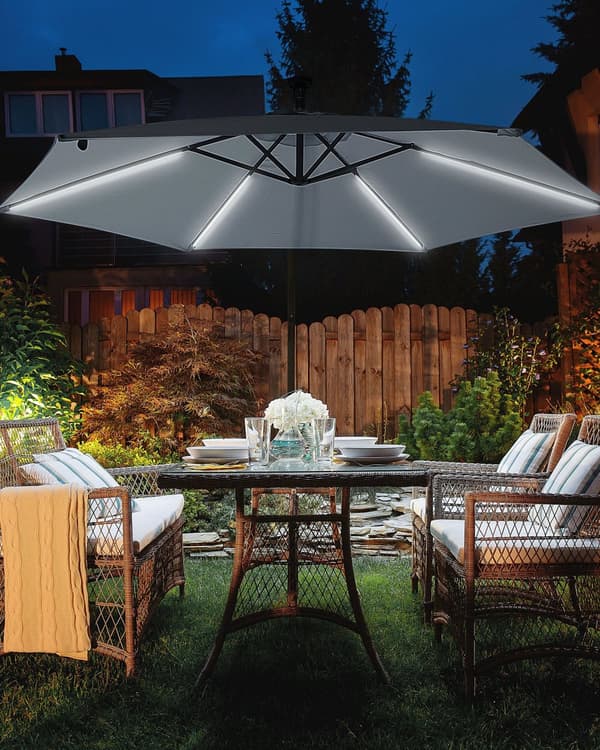 Hængeparasol Grafitgrå Polyester og Stål 270 x 316 cm Håndsving Krank med LED Solcelle Lys Udendørs Paraply Vandtæt Design Terrasse Have Dekor
