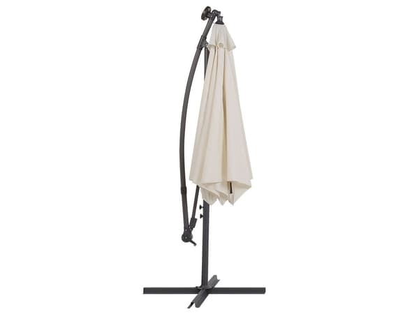 Hængeparasol Beige Polyester Grå Stål 270 x 316 cm Håndsving Krank med LED Solcelle Lys Udendørs Paraply Vandtæt Design Terrasse Have Dekor
