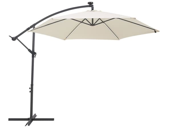 Hængeparasol Beige Polyester Grå Stål 270 x 316 cm Håndsving Krank med LED Solcelle Lys Udendørs Paraply Vandtæt Design Terrasse Have Dekor