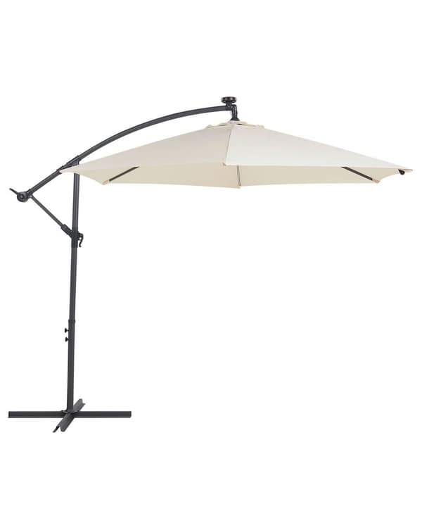 Hængeparasol Beige Polyester Grå Stål 270 x 316 cm Håndsving Krank med LED Solcelle Lys Udendørs Paraply Vandtæt Design Terrasse Have Dekor