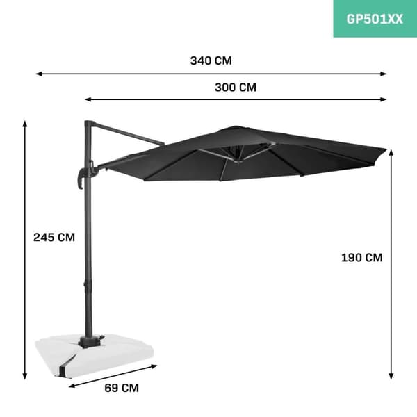VONROC Premium Cantilever Parasoll Bardolino 300cm – Roterbar och Vinklingsbar, 50+ UPF, Rostfri Aluminiumram, Antracit/Svart
