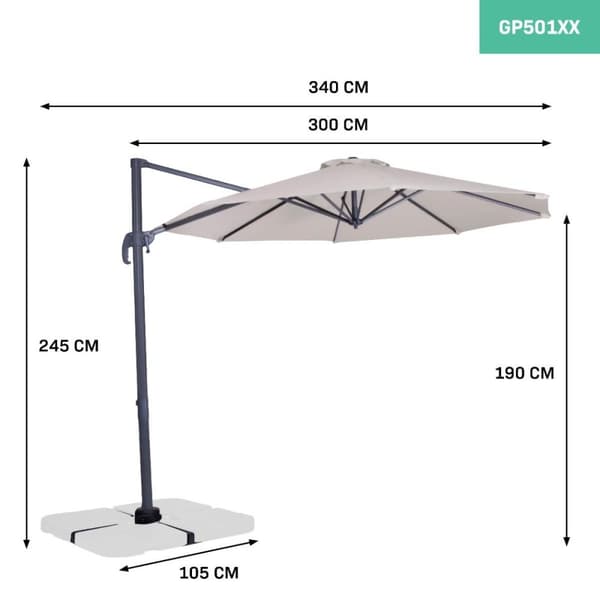 VONROC Premium Cantilever Parasoll Bardolino – 300 cm, 360° Roterbar, Vinklingsbar, Hög UV-Skydd, Rostfri Aluminiumram, Beige