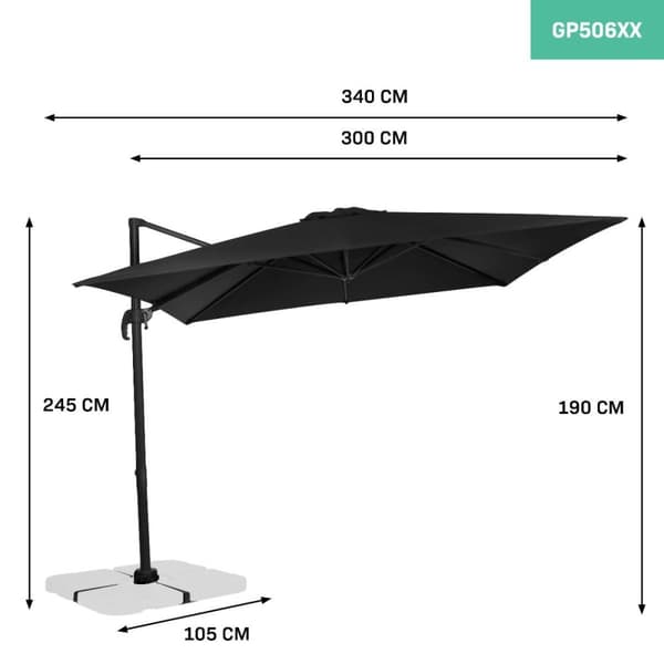VONROC Premium Hængeparasol Pisogne 300x300cm – inkl krydsfod og overtræk - vierkantet | Sort