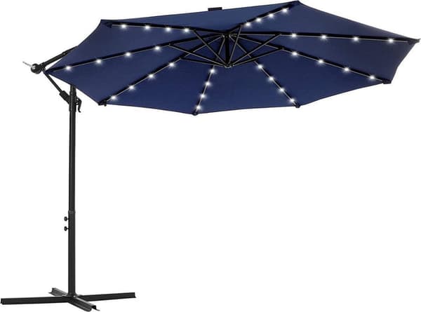 Aurinkovarjo LED-valolla Ø 3m - Jalka - Kelluva aurinkovarjo - Aurinkoenergia - 32 LED-valoa - UV-suoja jopa UPF 50+ - Puutarha - Terassi - Sininen