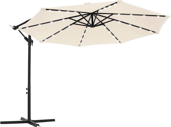 Aurinkovarjo LED-valolla Ø 3m - Jalka - Kelluva aurinkovarjo - Aurinkoenergia - 32 LED-valoa - UV-suoja jopa UPF 50+ - Puutarha - Terassi - Sininen