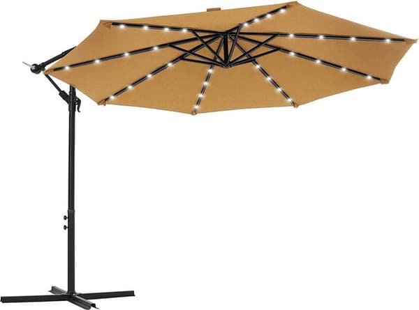 Aurinkovarjo LED-valolla Ø 3m - Jalka - Kelluva aurinkovarjo - Aurinkoenergia - 32 LED-valoa - UV-suoja jopa UPF 50+ - Puutarha - Terassi - Sininen