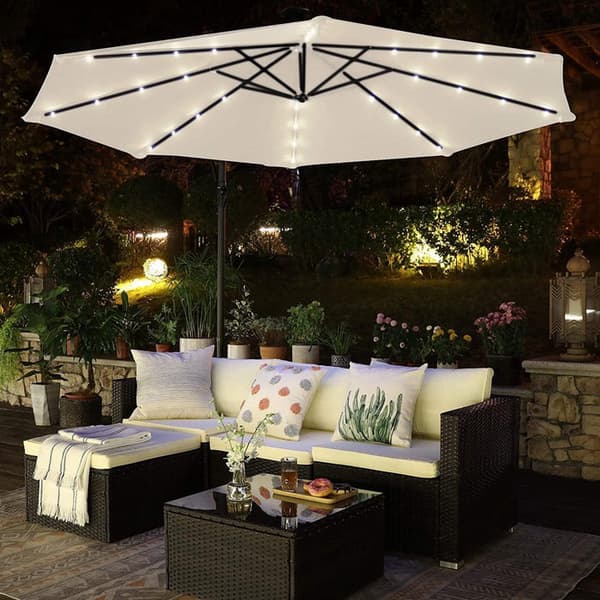 Aurinkovarjo LED-valolla Ø 3m - Jalka - Kelluva aurinkovarjo - Aurinkoenergia - 32 LED-valoa - UV-suoja jopa UPF 50+ - Puutarha - Terassi - Sininen