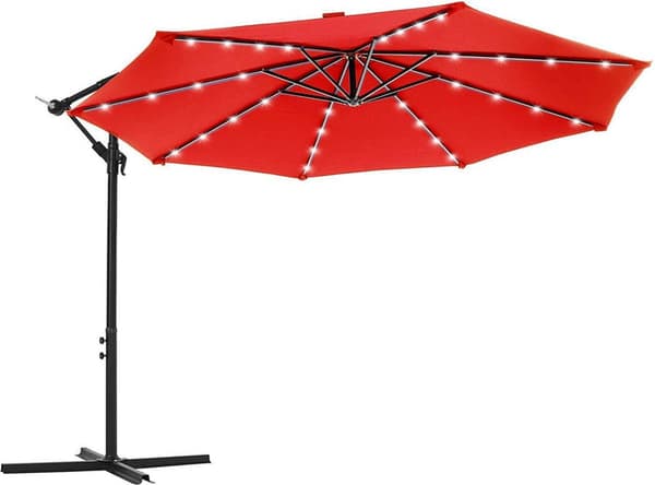 Aurinkovarjo LED-valolla Ø 3m - Jalka - Kelluva aurinkovarjo - Aurinkoenergia - 32 LED-valoa - UV-suoja jopa UPF 50+ - Puutarha - Terassi - Sininen