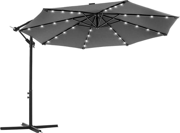 Aurinkovarjo LED-valolla Ø 3m - Jalka - Kelluva aurinkovarjo - Aurinkoenergia - 32 LED-valoa - UV-suoja jopa UPF 50+ - Puutarha - Terassi - Sininen