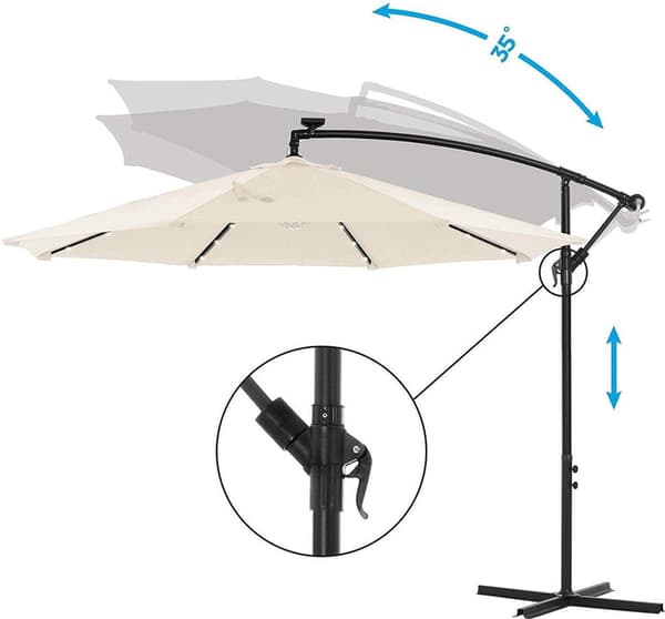 Parasol med LED-belysning Ø 3m - med fod - Flydende parasol - Solenergi - 32 LED-lys - UV-beskyttelse op til UPF 50+ - Have - Terrasse - Blå