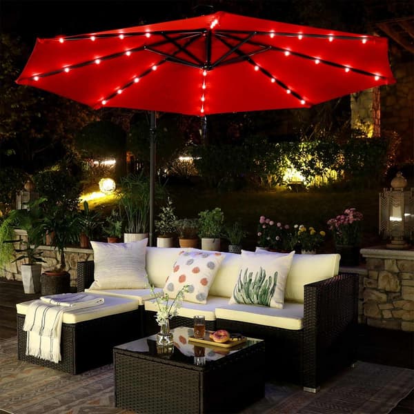 Parasol med LED-belysning Ø 3M - med fod - flydende parasol - Solenergi - 32 LED-lamper - UV-beskyttelse op til UPF 50+ - Have - Terrasse - Rød