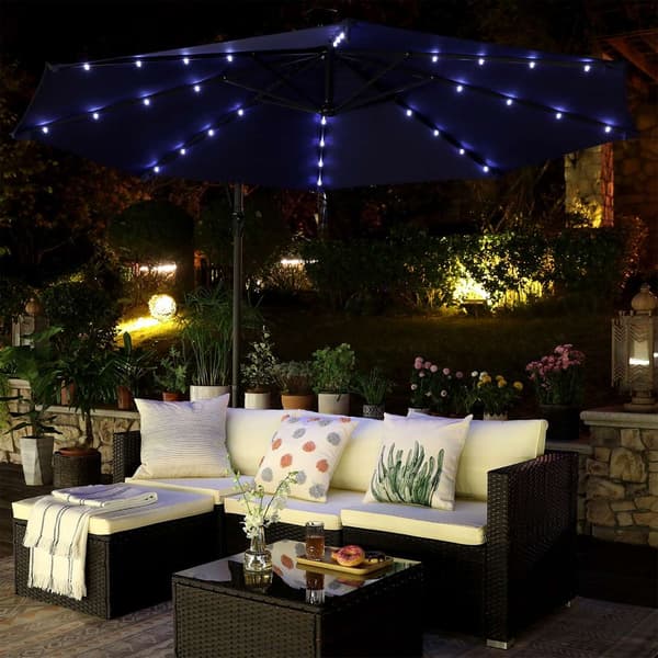 Parasol med LED -belysning Ø 3M - med fot - flytande parasol - Solenergi - 32 LED -lampor - UV -skydd upp till UPF 50+ - Garden - Terrace - Blue