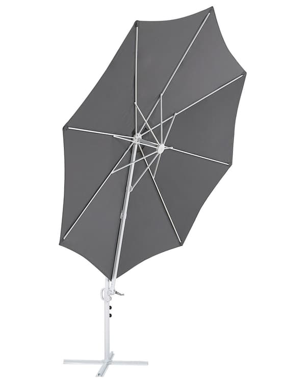 Hængeparasol Mørkegrå Polyester Hvid Aluminium 254 x 295 cm Kæmpe Ottekantet Tilt Vippefunktion Fod til Altan Cafe Marked Vandtæt UV Moderne