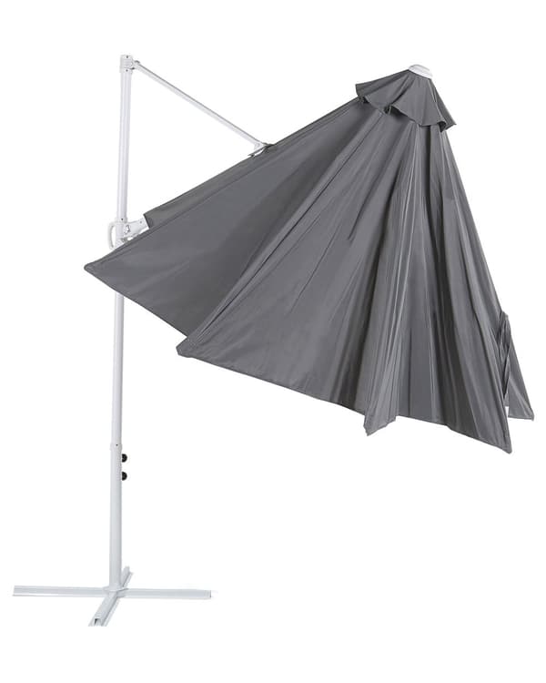Hængeparasol Mørkegrå Polyester Hvid Aluminium 254 x 295 cm Kæmpe Ottekantet Tilt Vippefunktion Fod til Altan Cafe Marked Vandtæt UV Moderne