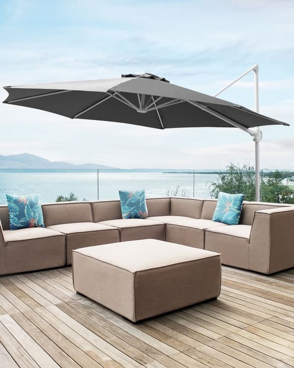Hængeparasol Mørkegrå Polyester Hvid Aluminium 254 x 295 cm Kæmpe Ottekantet Tilt Vippefunktion Fod til Altan Cafe Marked Vandtæt UV Moderne